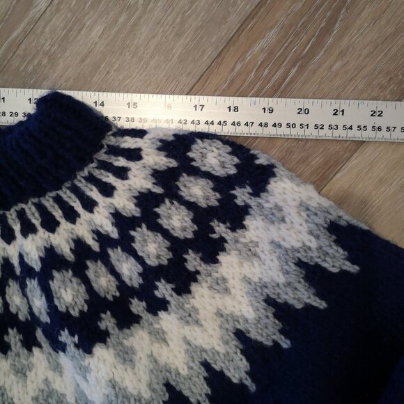 Vintage Wool Fair Isle Sweater Hand Knit Chunky Blue White Men's M Wom L Lovely - Picture 9 of 16